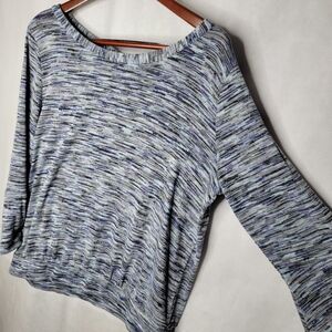 LOFT Outlet Knit Top Blue Black Marled Tie Back Boat Neck Bell Sleeve Large